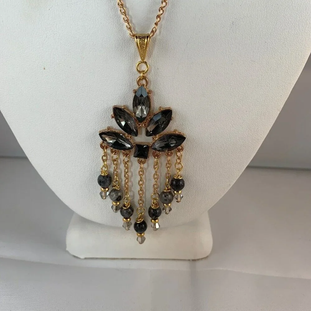 Gold Tone Chain Necklace W/Silver Crystals & Gray Bead Chandelier Pendant (NA30) - Picture 2 of 5